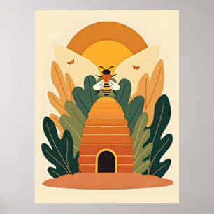Poster Cartaz Botânico de Abelha Colmeia Retro