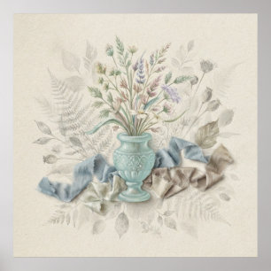 Poster Cartaz Botânico de Flores Silvestres em Vaso de Ág