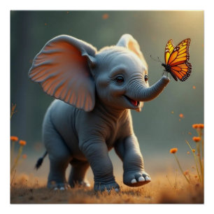 Pôster Cartaz Brilhante de Elefante Bebê Perseguindo uma