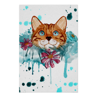 Pôster cartaz brilhante de pintura de gato Bengal em aqua