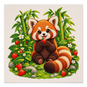 Pôster Cartaz Brilhante Jardim de Morango Panda Vermelho