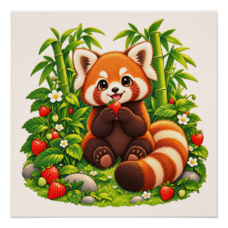 Pôster Cartaz Brilhante Jardim de Morango Panda Vermelho