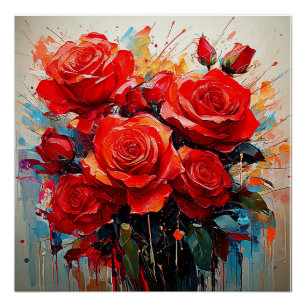 Pôster Cartaz Brilhante - Obra de Arte das Rosas Vermelha