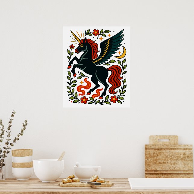 Poster Cartaz Celestial Floral de Pegasus Unicórnio de Ar (Cozinha)