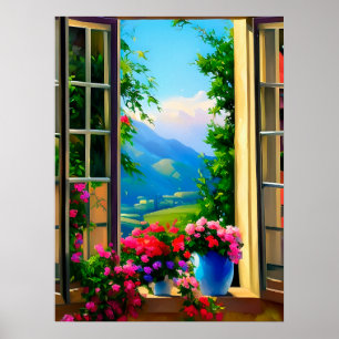 Poster Cartaz Cenas de Janela Arte Montanhas Flores 18x24