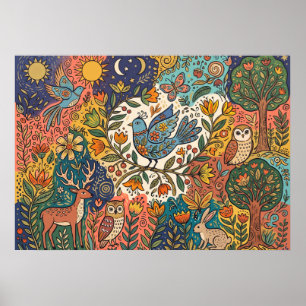 Poster Cartaz Colorido de Animais da Floresta no Estilo F