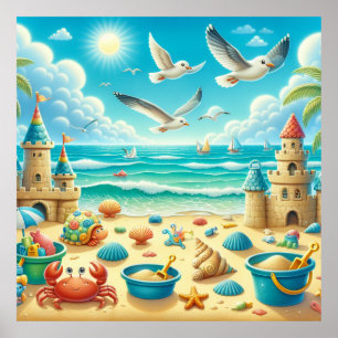 Poster Cartaz Colorido de Berçário de Praia
