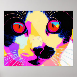 Poster Cartaz Colorido Neon de Arte Pop de Gato