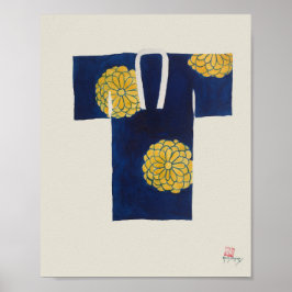 Poster Cartaz com nagajuban japonês azul e dourado