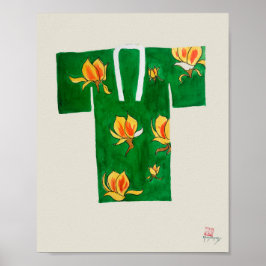 Poster Cartaz com nagajuban japonês verde e dourado