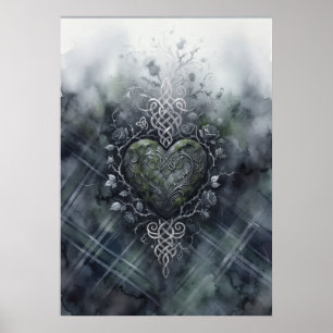 Poster Cartaz Coração Nó Celta em Xadrez Verde Escocês