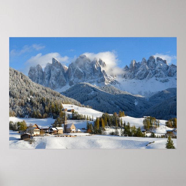 Poster cartaz da aldeia de Dolomitas no inverno (Frente)
