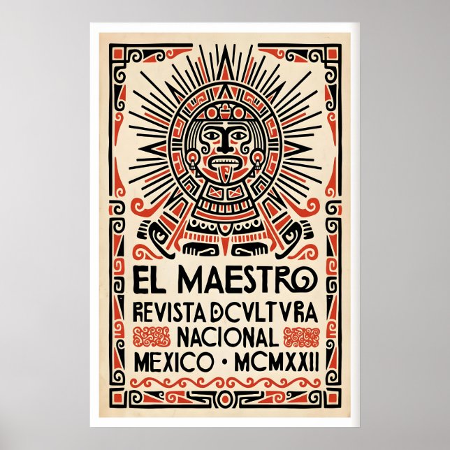 Poster Cartaz da Cultura Mexicana Estilizado Rosto Asteca (Frente)