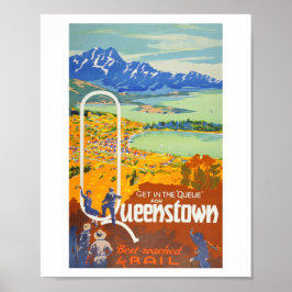 Poster cartaz da ferrovia da Nova Zelândia Entre na Fila,
