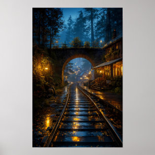 Poster Cartaz da Ferrovia Iluminada pela Chuva Através do