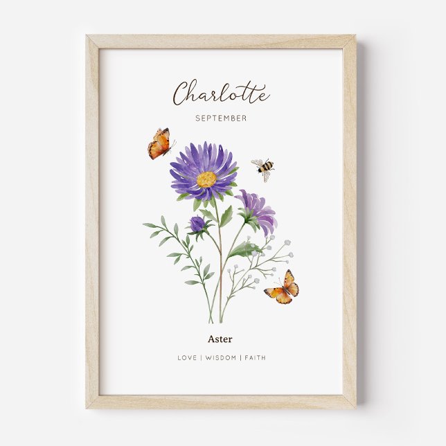 Poster Cartaz da Flor de Nascimento Aster (Example of aster birth flower poster once framed. )