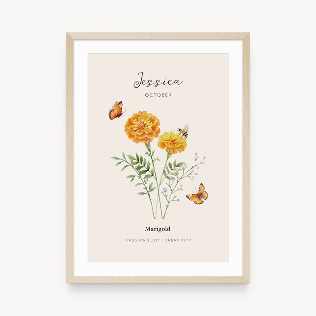 Poster Cartaz da Flor de Nascimento Marigold (Example of marigold birth flower poster once framed. )