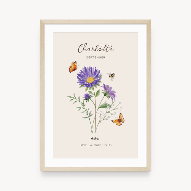 Poster Cartaz da Flor do Mês de Nascimento Aster (Example of aster birth flower poster once framed. )
