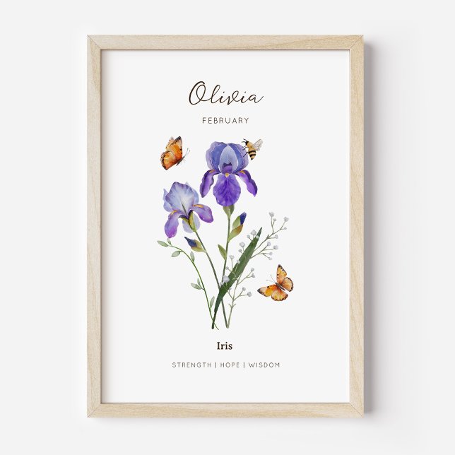 Poster Cartaz da Flor do Mês de Nascimento Íris (Example of iris birth flower poster once framed. )