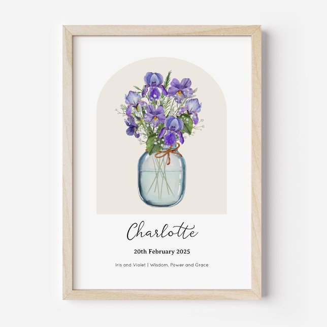Poster Cartaz da Flor do Mês de Nascimento Íris Violeta (Personalised February Birth Month Flower Bouquet in Vase Poster | Iris and Violet.)
