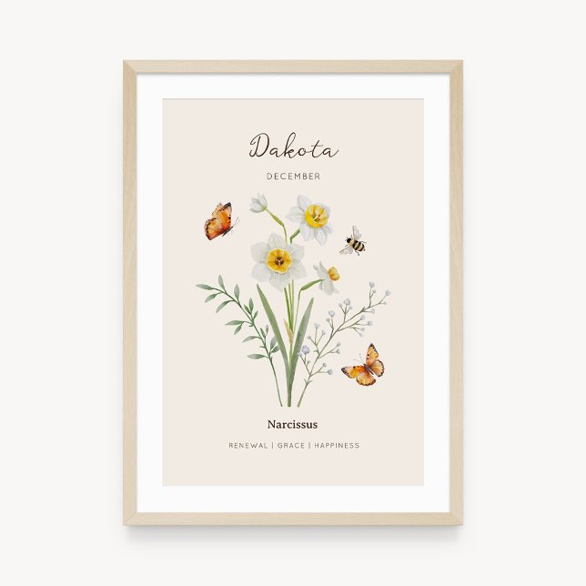 Poster Cartaz da Flor do Mês de Nascimento Narciso (Example of narcissus birth flower poster once framed. )