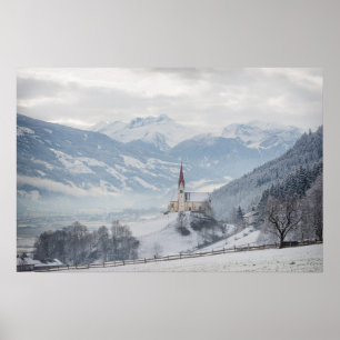 Pôster Cartaz da igreja em Zillertal no inverno