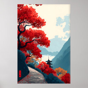 Poster Cartaz da Montanha Zen Folhas Vermelhas Árvores, M