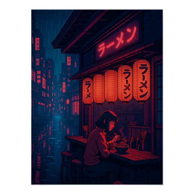 Pôster Cartaz da Noite de Ramen Cyberpunk – Cidade Japone (Frente)