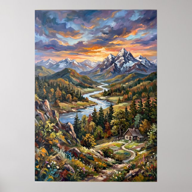 Poster Cartaz da Paisagem do Vale do Rio Alpino (Frente)