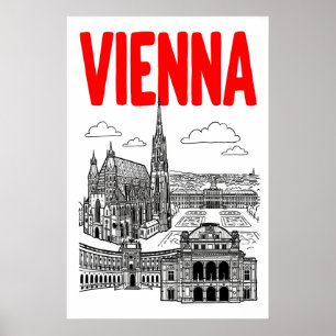 Poster Cartaz da Paisagem Urbana de Viena, Texto Vermelho