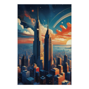 Pôster Cartaz da Paisagem Urbana Futurista ao Nascer do S