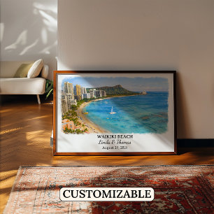 Poster Cartaz da Praia de Waikiki no Havaí, Aquarela, Hon