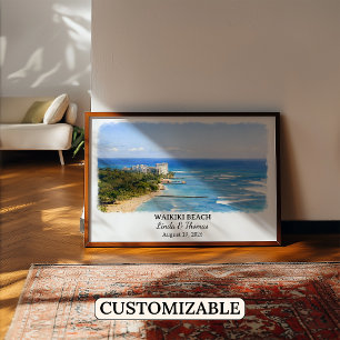 Poster Cartaz da Praia de Waikiki no Havaí, Aquarela, Hon