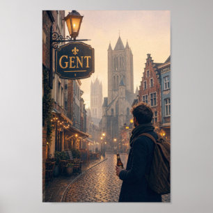 Poster Cartaz das Ruas da Catedral de Ghent Dourada