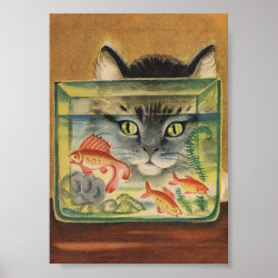 Poster Cartaz de Animal Vintage de Gato Olhando para Peix