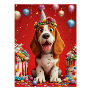 Pôster Cartaz de Aniversário de Beagle Fofo   Festa de Ca