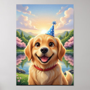 Poster Cartaz de Aniversário de Cachorrinho Golden Retrie