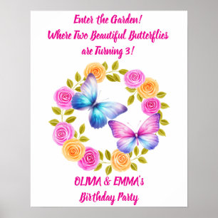 Poster Cartaz de Aniversário de Gêmeas Borboleta Editável