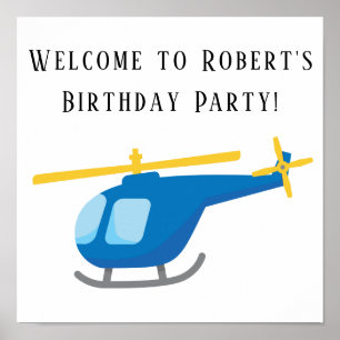 Poster Cartaz de Aniversário de Helicóptero Amarelo Azul