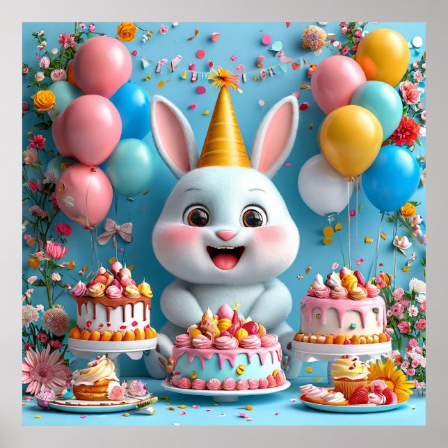 Poster 🐰 Cartaz de Aniversário do Coelhinho Fofo Decoraç (Frente)