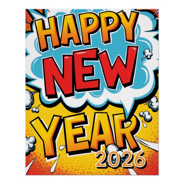 Pôster Cartaz de Ano Novo Feliz em Estilo de Arte Pop Vin (Frente)