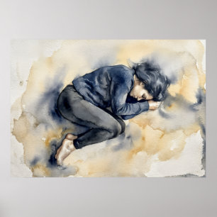 Poster Cartaz de Aquarela Azul da Figura Adormecida