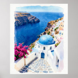 Poster Cartaz de aquarela da cúpula azul de Santorini