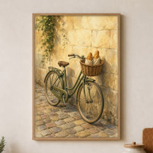 Cartaz de Aquarela de Bicicleta com Cesta de Pão