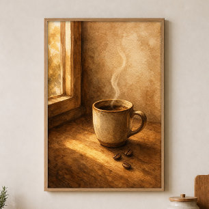 Poster Cartaz de Aquarela de Caneca Fumegante pela Janela