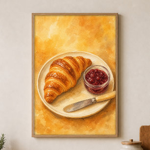 Poster Cartaz de Aquarela de Croissant com Pote de Geleia
