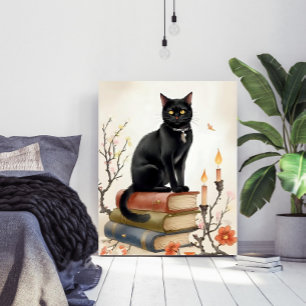 Poster Cartaz de Aquarela de Gato Preto e Livros de Feiti