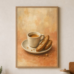 Poster Cartaz de Aquarela de Xícara de Espresso e Biscott