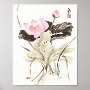 Poster Cartaz de Aquarela do Lótus Rosa da Manhã