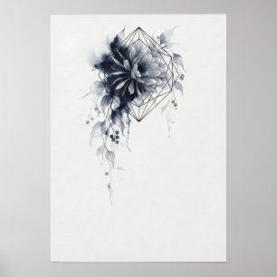 Poster Cartaz de Aquarela Geométrica de Dália Azul-Marinh